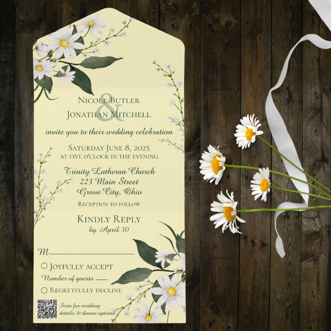 Simple Daisies on Pale Yellow with QR Code All In One Invitation (Creator Uploaded)