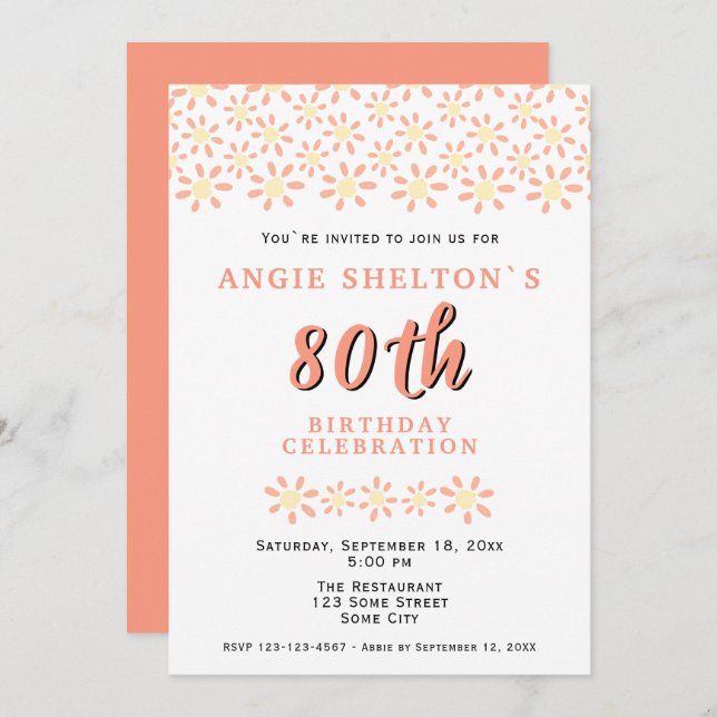 Simple Daisy Flower Floral 80th Birthday Party Invitation (Front/Back)