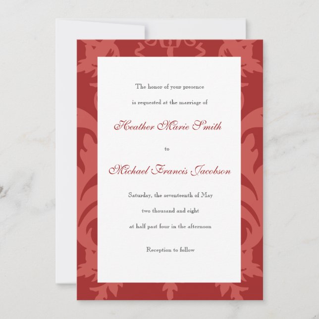 Simple Damask Cranberry Wedding Invitation (Front)