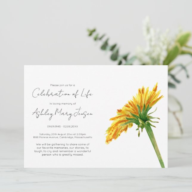Simple Dandelion Celebration of Life Funeral Invitation (Standing Front)
