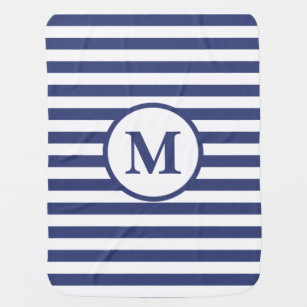 Simple Dark Blue and White Striped Monogrammed Baby Blanket