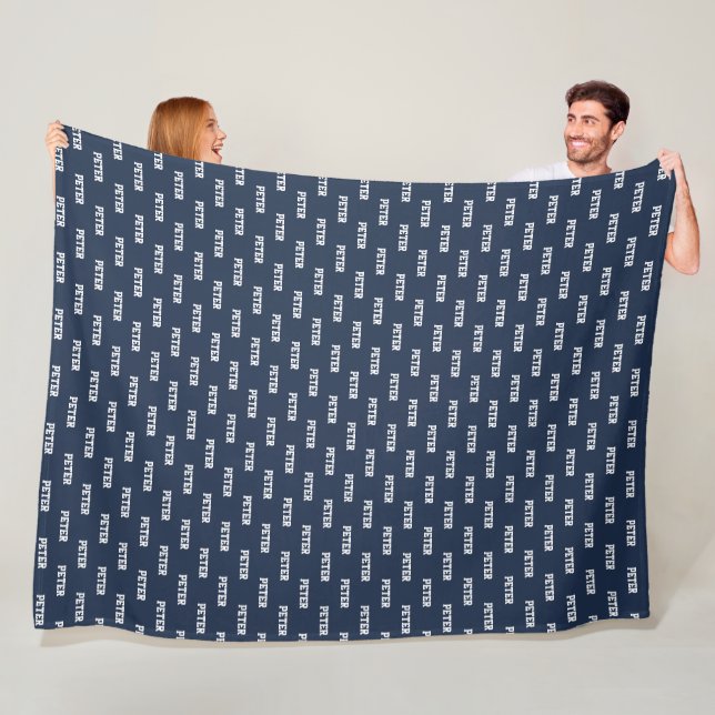 Simple Dark-Blue Custom Repeating Name pattern Fleece Blanket (In Situ)