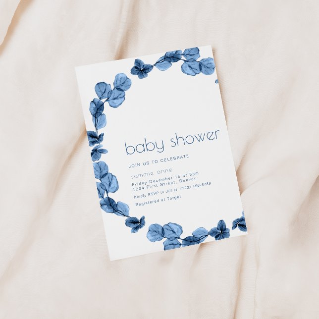 Simple Dark Blue Floral Baby Shower Invite (Creator Uploaded)