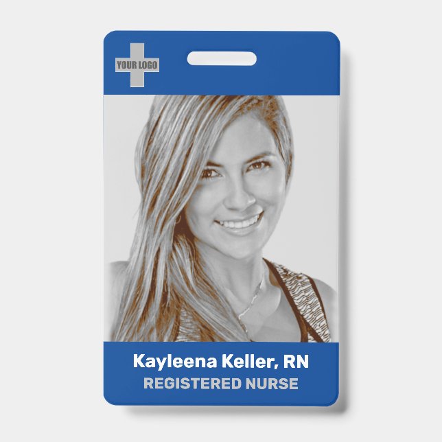 Simple Dark Blue Large Photo Logo Code Template ID Badge (Front)