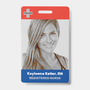 Simple Dark Blue Red Large Photo Logo Code Nurse ID Badge
