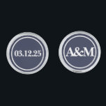Simple Dark Blue Wedding Monogram Groom Silver Finish Cufflinks<br><div class="desc">The design features a circle outline on a dark midnight blue background with the wedding date and the couple's initials using a modern font typography. You can customise the background colour to match your wedding theme.</div>