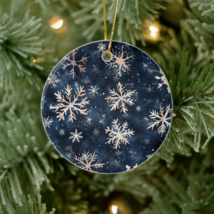 Simple Dark Blue with Snowflakes All Over Print Ceramic Tree Decoration