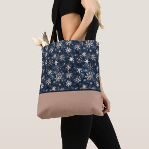 Simple Dark Blue with Snowflakes Color Block Tote Bag