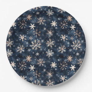 Simple Dark Blue with Snowflakes Paper Plate
