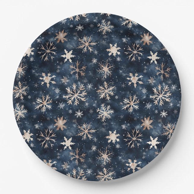 Simple Dark Blue with Snowflakes Paper Plate (Front)