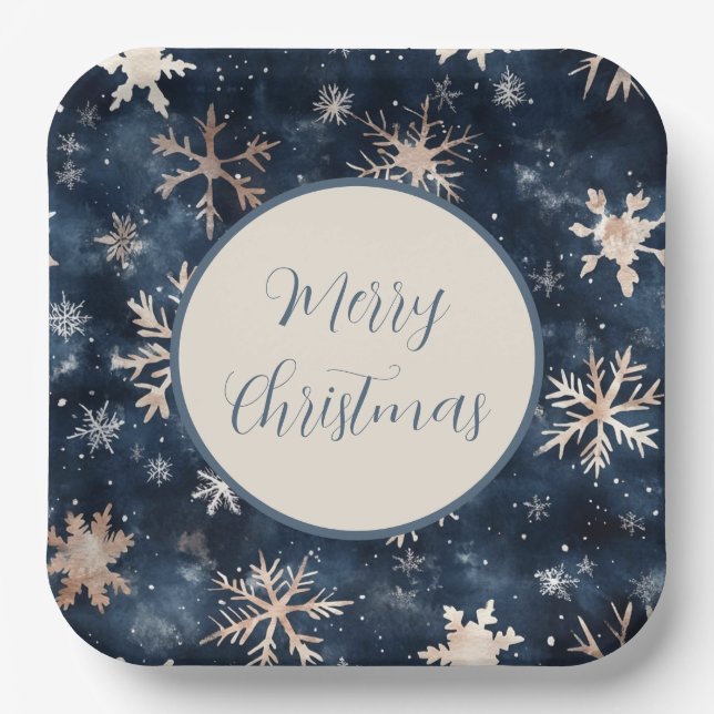 Simple Dark Blue with Snowflakes Paper Plate (Front)
