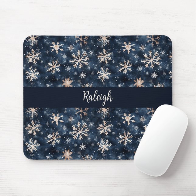 Simple Dark Blue with Snowflakes Personalised Mouse Pad (With Mouse)