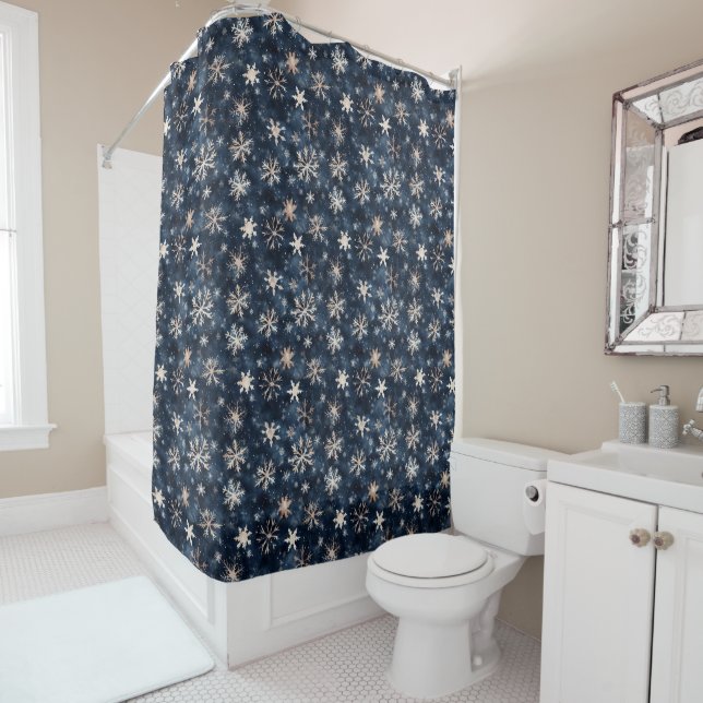 Simple Dark Blue with Snowflakes Shower Curtain (In Situ)