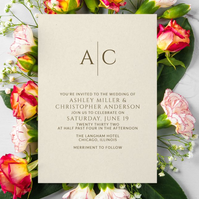 Simple Dark Bronze & Gold Monogram Wedding Invitation (Creator Uploaded)
