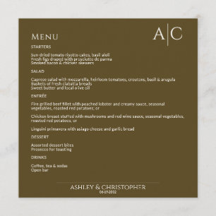 Simple Dark Bronze Monogram Wedding Reception Menu