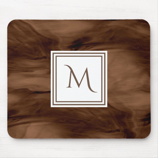 Simple Dark Brown Subtle Marble Modern Monogram Mouse Pad (Front)