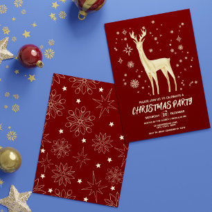 Simple Dark Festive Red and Gold Elegant Deer Xmas Invitation