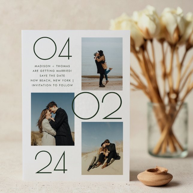 Simple Dark Green 3 Photo Wedding Save The Date Magnetic Invitation (Creator Uploaded)