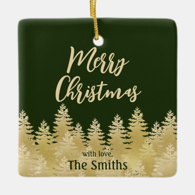 Simple Dark Green Gold Pine Trees Merry Christmas  Ceramic Ornament (Front)