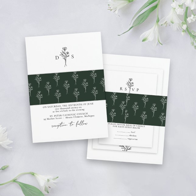 Simple Dark Green Minimal Floral Pattern Wedding Invitation Belly Band (Creator Uploaded)