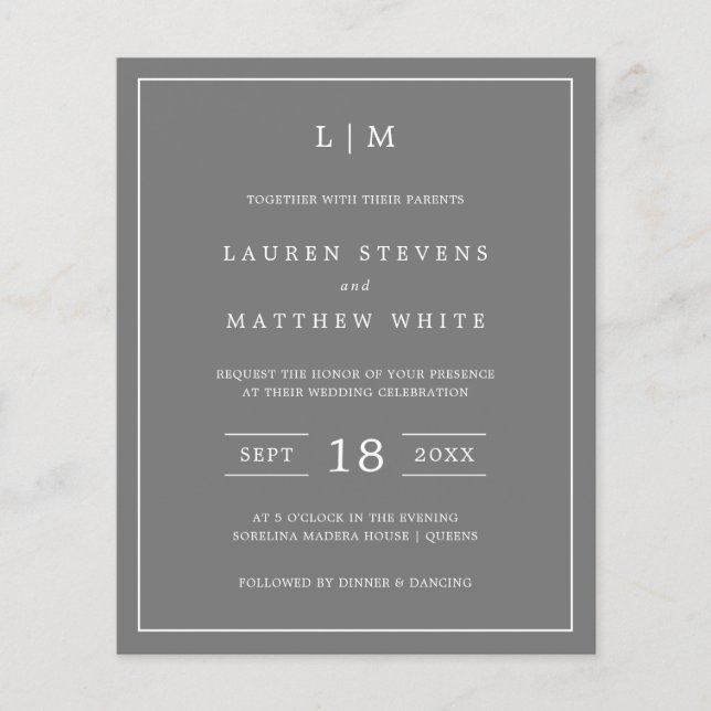 Simple Dark Grey Monogram Budget Wedding Invite (Front)