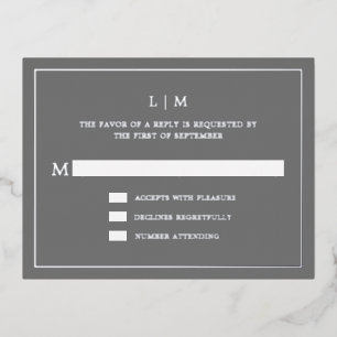 Simple Dark Grey Monogram Elegant Wedding RSVP Foil Invitation Postcard