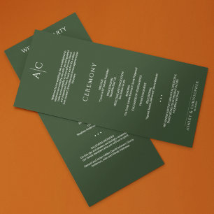 Simple Dark Moss Green Monogram Wedding Ceremony Programme