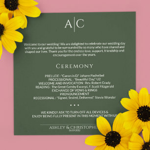 Simple Dark Moss Green Monogram Wedding Ceremony Programme