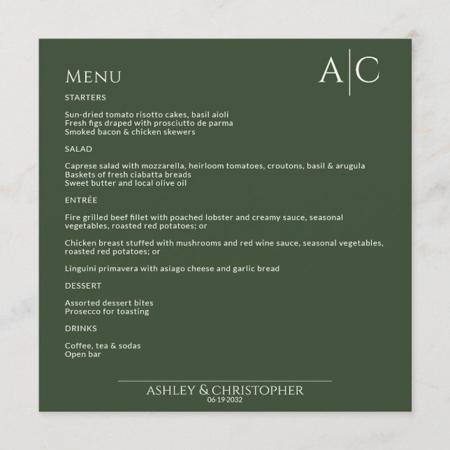 Simple Dark Moss Green Monogram Wedding Reception Menu (Front)