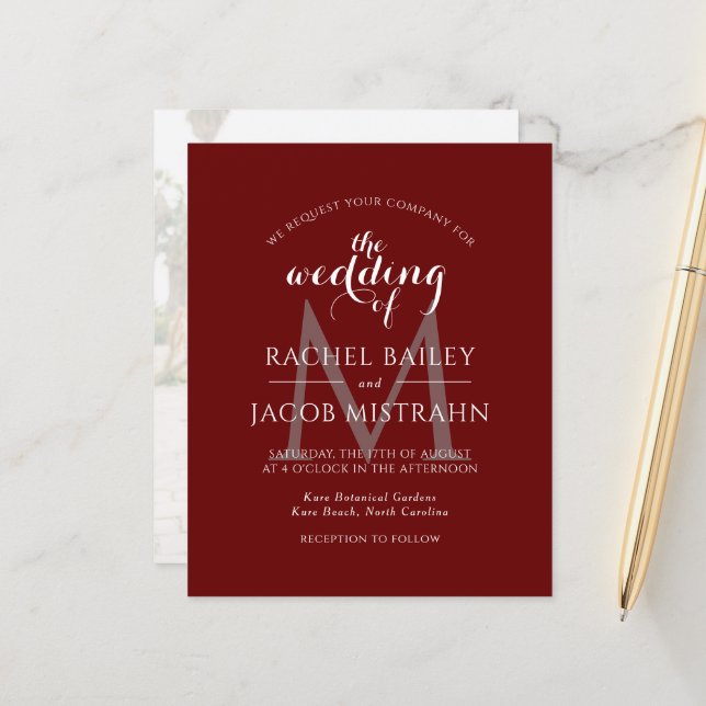Simple Dark Red Monogram Photo Wedding Invitation (Front/Back In Situ)