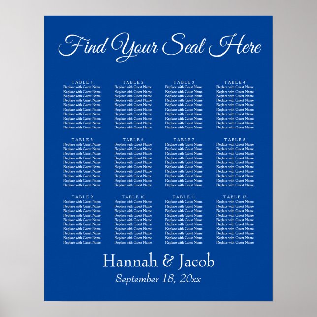 Simple Deep Blue Wedding Reception Seating Chart (Front)