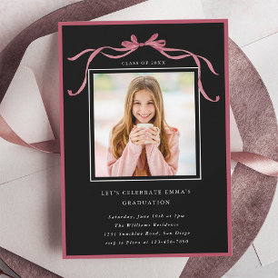 Simple Deep Blush Bow Graduation Party Photo Black Invitation