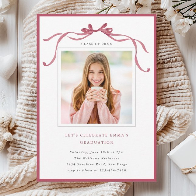 Simple Deep Blush Bow Graduation Party Photo Invitation (Creator Uploaded)