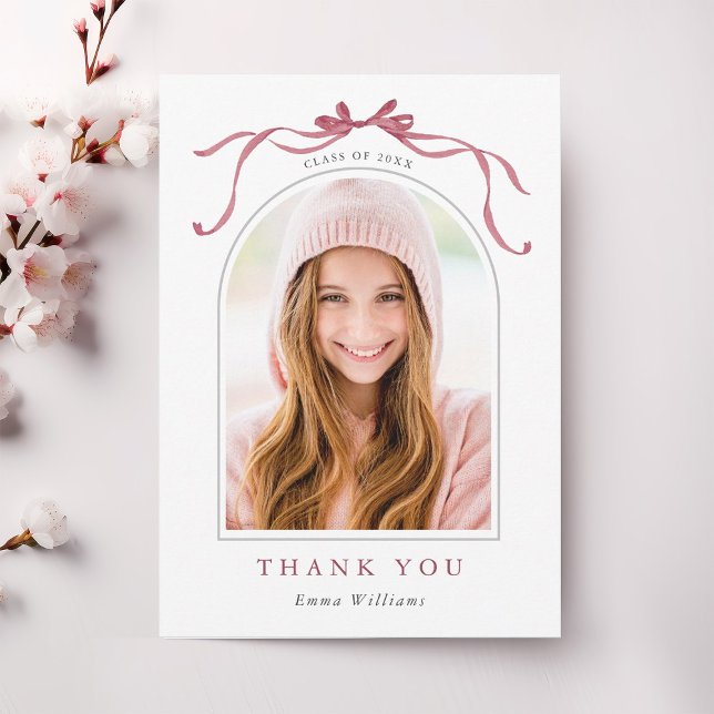 Simple Deep Blush Bow Graduation Photo Thank You Card (Creator Uploaded)
