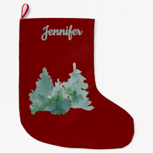 Simple Deep Red & Green Named Christmas Tree Large Christmas Stocking