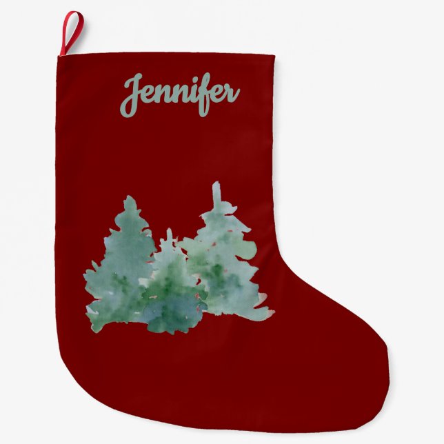 Simple Deep Red & Green Named Christmas Tree   Large Christmas Stocking (Front)