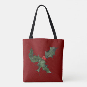 Simple Deep Red & Green Named Watercolor Holly Tote Bag