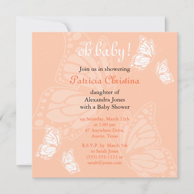 Simple Delicate Butterfly Peach Baby Shower Party Invitation (Front)