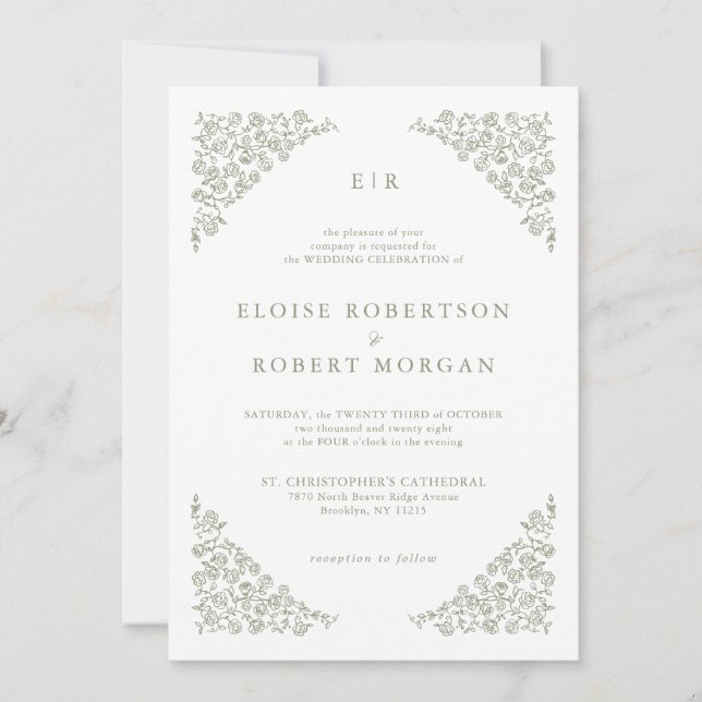 Simple Delicate Floral  QR code Sage Green Wedding Invitation (Front)