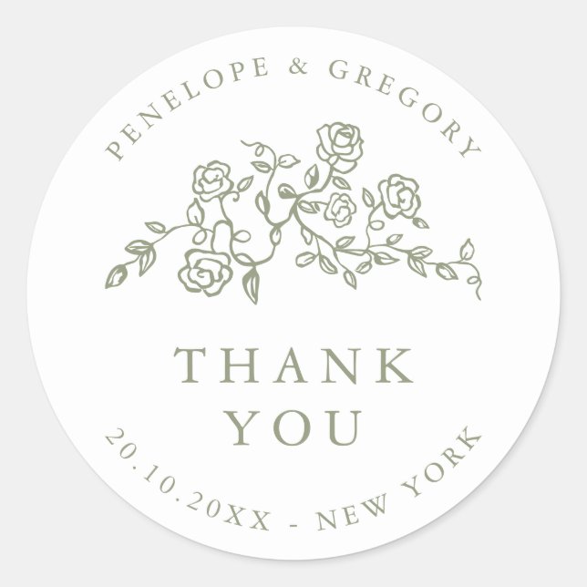 Simple Delicate Floral  Sage Wedding thank you  Classic Round Sticker (Front)