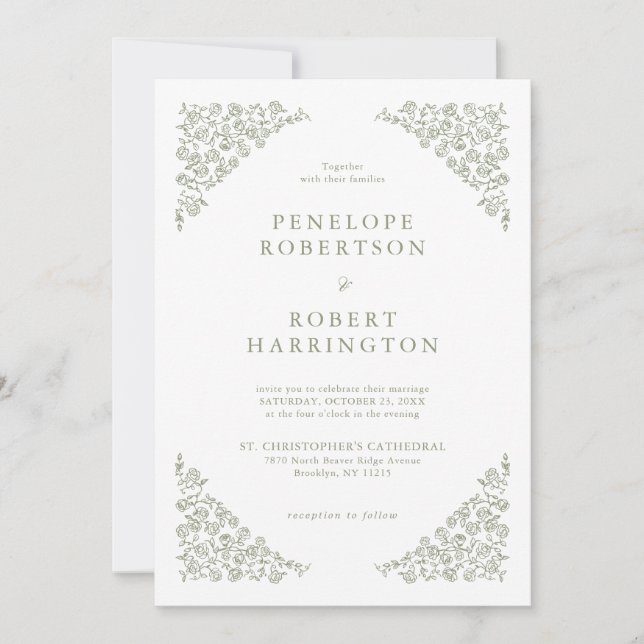 Simple Delicate Floral Timeless Sage Green Wedding Invitation (Front)
