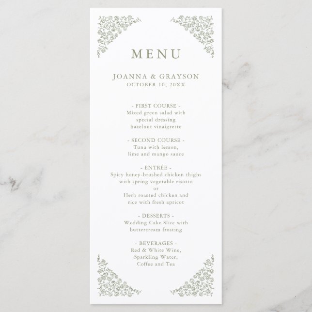 Simple Delicate Floral Timeless Sage Green Wedding Menu (Front)