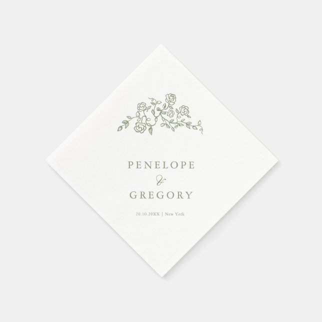 Simple Delicate Floral Timeless Sage Green Wedding Napkin (Corner)