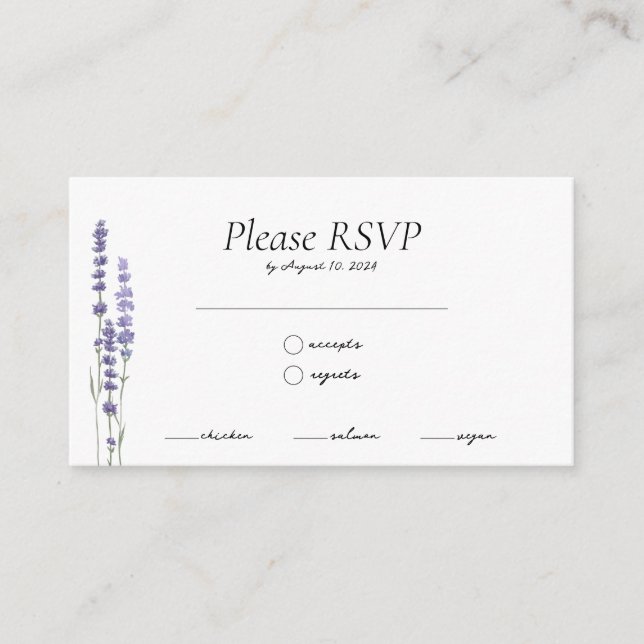 Simple Delicate Lavender Meal Choice Wedding RSVP Enclosure Card (Front)