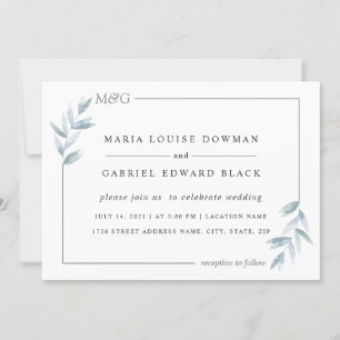 Simple delicate leaves. Airy Frame. Formal wedding Invitation