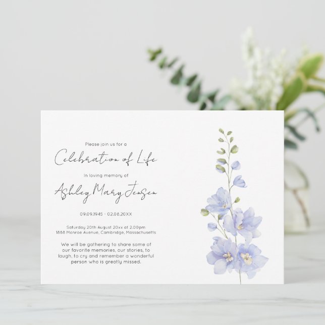 Simple Delphinium Celebration of Life  Invitation (Standing Front)