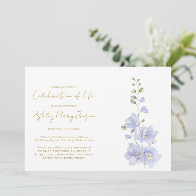 Simple Delphinium Celebration of Life  Invitation (Standing Front)