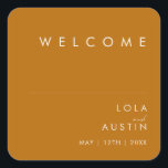 Simple Desert | Burnt Orange Wedding Welcome Square Sticker<br><div class="desc">This Simple Desert | Burnt Orange wedding welcome sticker is exactly what you're looking for to complete your modern rustic boho wedding. Perfect for either a vintage minimalist western vibe or a retro fall bohemian feel. The minimal natural white script truly pops with this colourful autumn background. You can choose...</div>