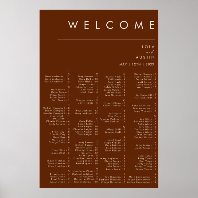 Simple Desert | Dark Cinnamon Alphabetical Seating Poster (Front)