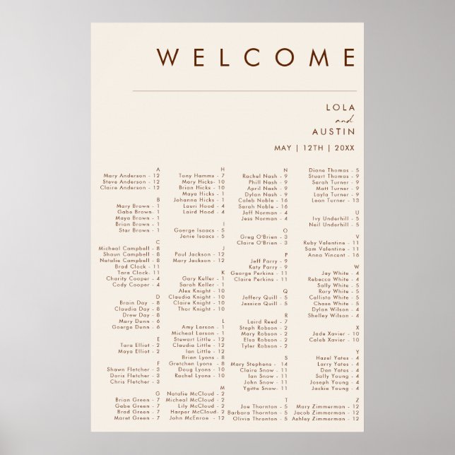 Simple Desert | Natural White Alphabetical Seating Poster (Front)